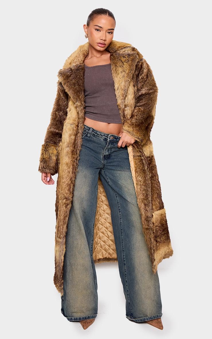 Petite Brown Faux Fur Longline Belted Coat Product Image