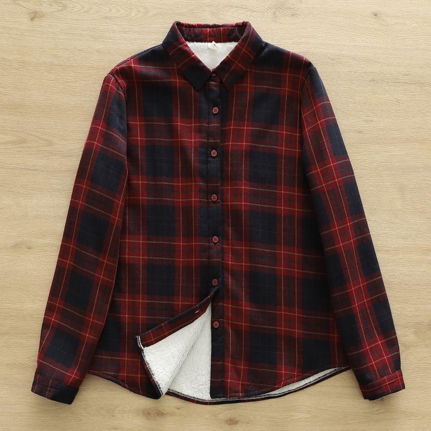 Long Sleeve Lapel Collar Plaid Button Shirt Product Image