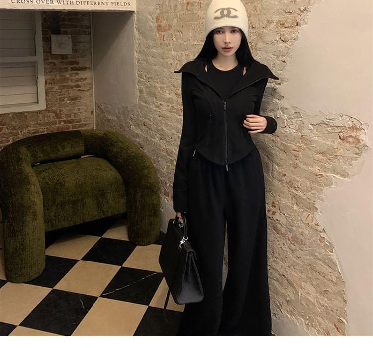 Plain Zip-Up Hoodie / Round Neck Slim Fit Crop Tank Top / High Rise Wide Leg Pants Product Image