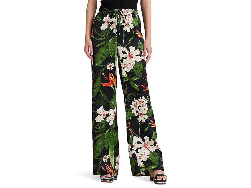 LAUREN Ralph Lauren Petite Floral Satin Charmeuse Wide-Leg Pants (Black/Green Women's Casual Pants Product Image