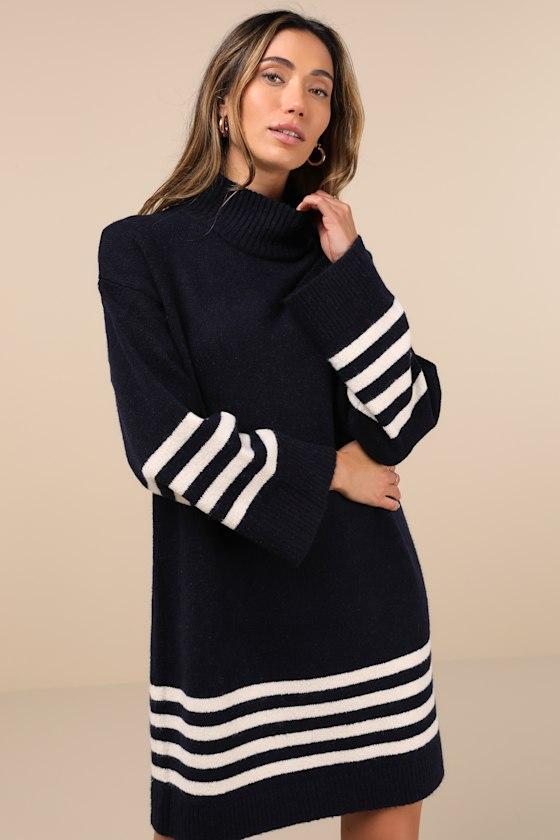 Comfiest Cutie Navy Striped Mock Neck Mini Sweater Dress Product Image