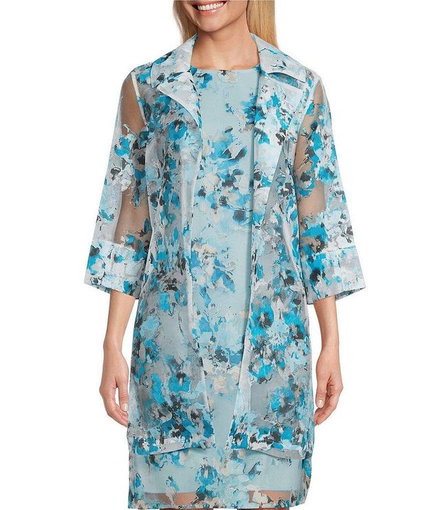 Ming Wang Woven Floral Sheer 3/4 Sleeve Open-Front Jacket Product Image