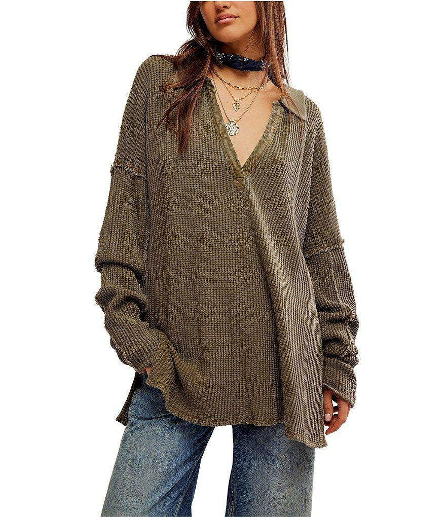 Free People We The Free Travis Polo Waffle Knit V-Neck Collar Neck Long Sleeve Top product image