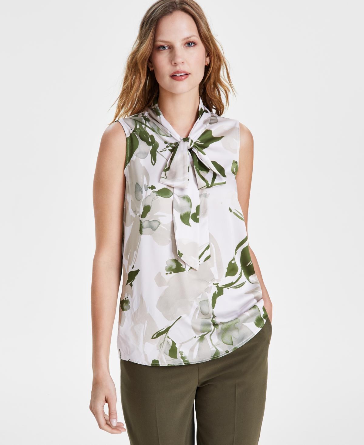 Tahari Asl Womens Tie-Neck Floral-Print Sleeveless Top - Sand Product Image