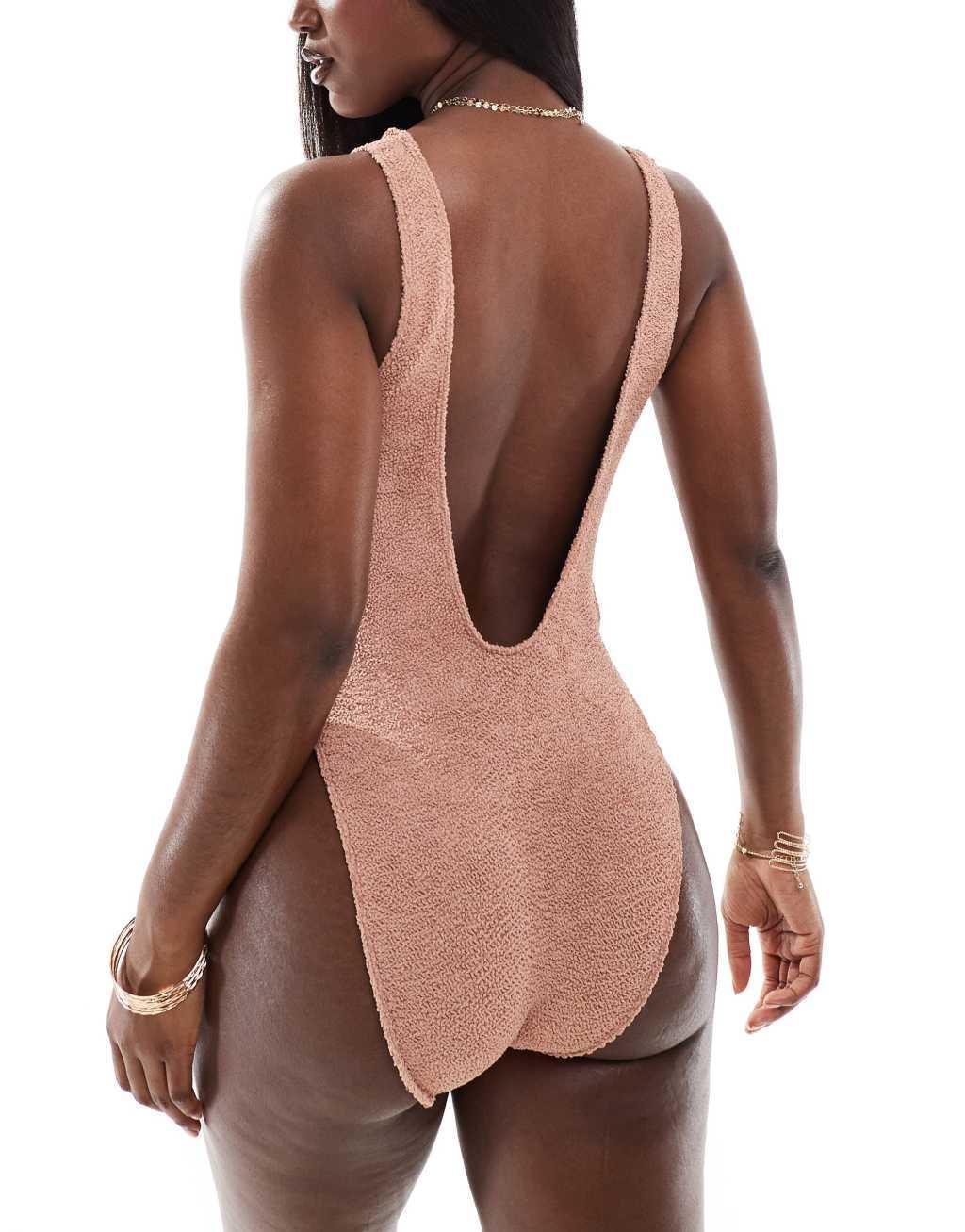 Miss Selfridge crinkle bow side swimsuit in taupe Product Image