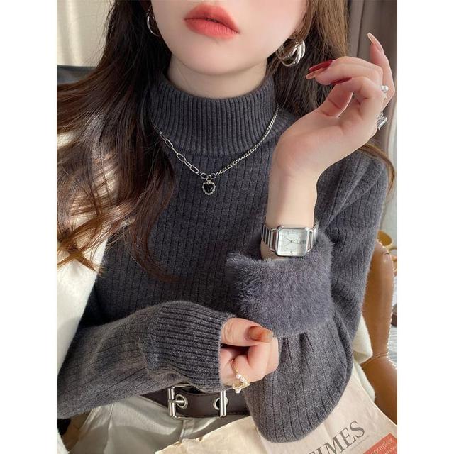 Long-Sleeve Mock Neck Plain Fleece-Lined Knit Top Product Image