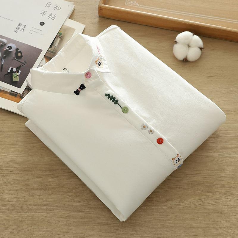 Long Sleeve Collared Floral Embroidered Shirt Product Image