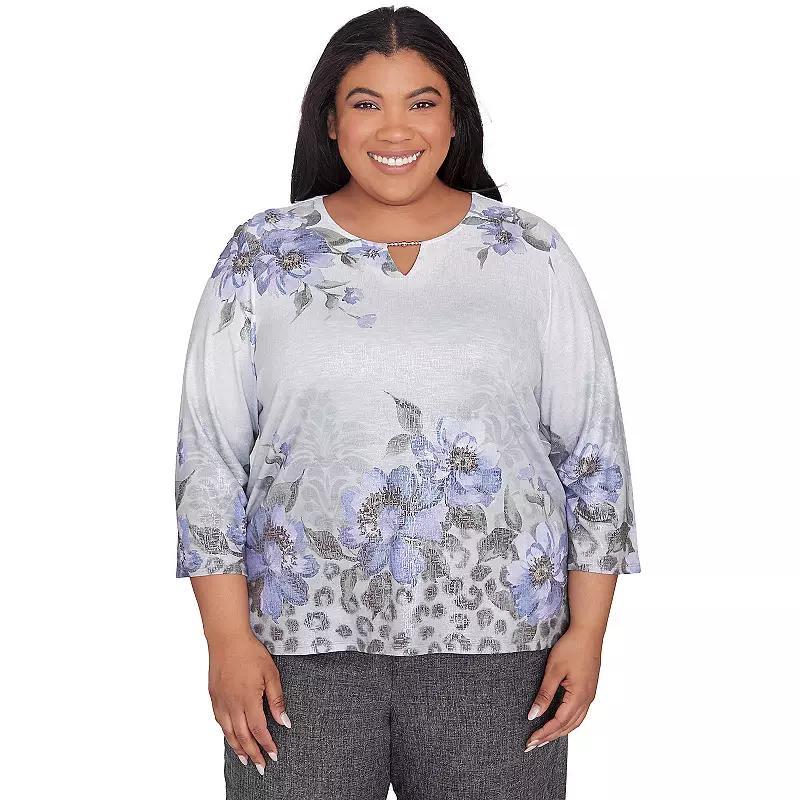 Plus Size Alfred Dunner Beaded Split Neck Floral Shimmer Top, Womens Product Image