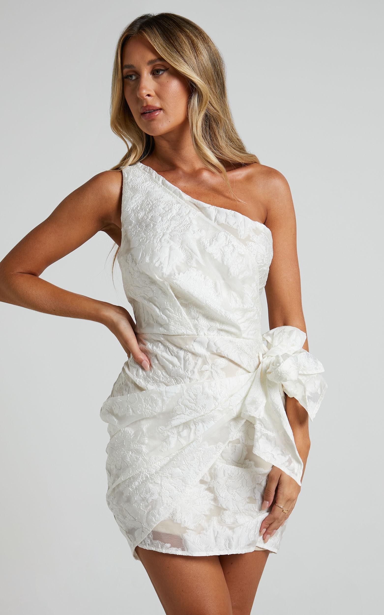 Kailey Mini Dress - One Shoulder Wrap Front Dress in White & Beige Jacquard Product Image