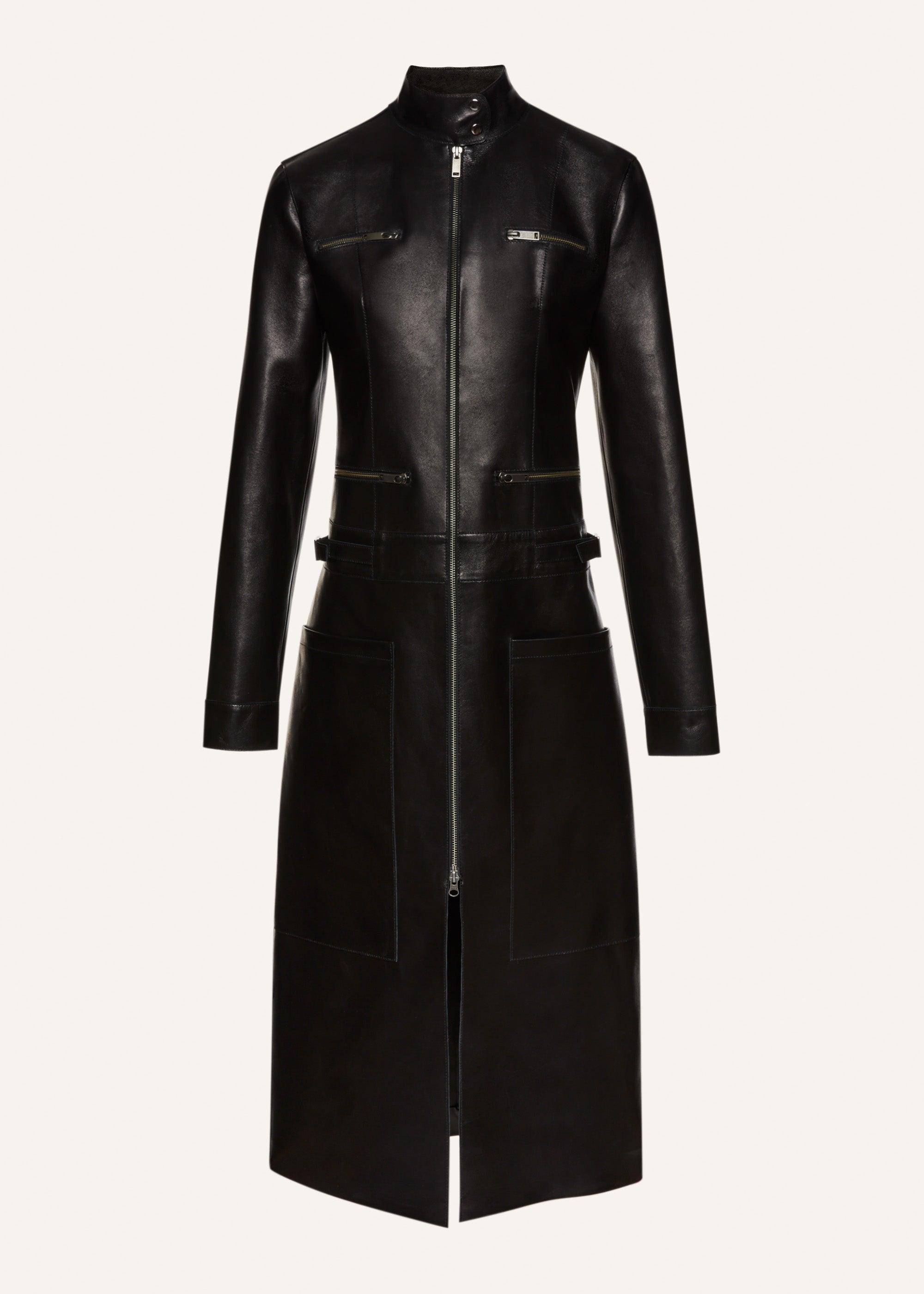 Zip up leather coat in black product image