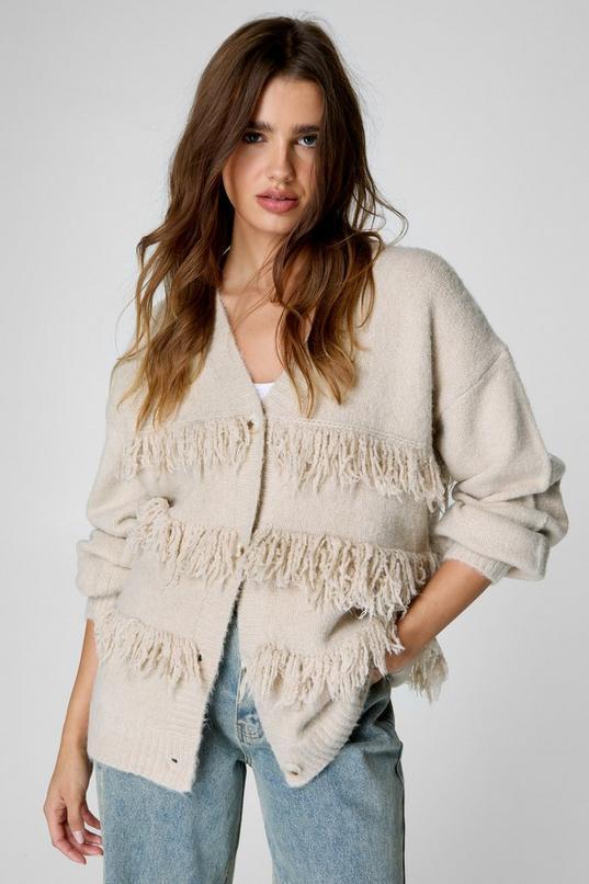 Fringe V Neck Long Cardigan Product Image