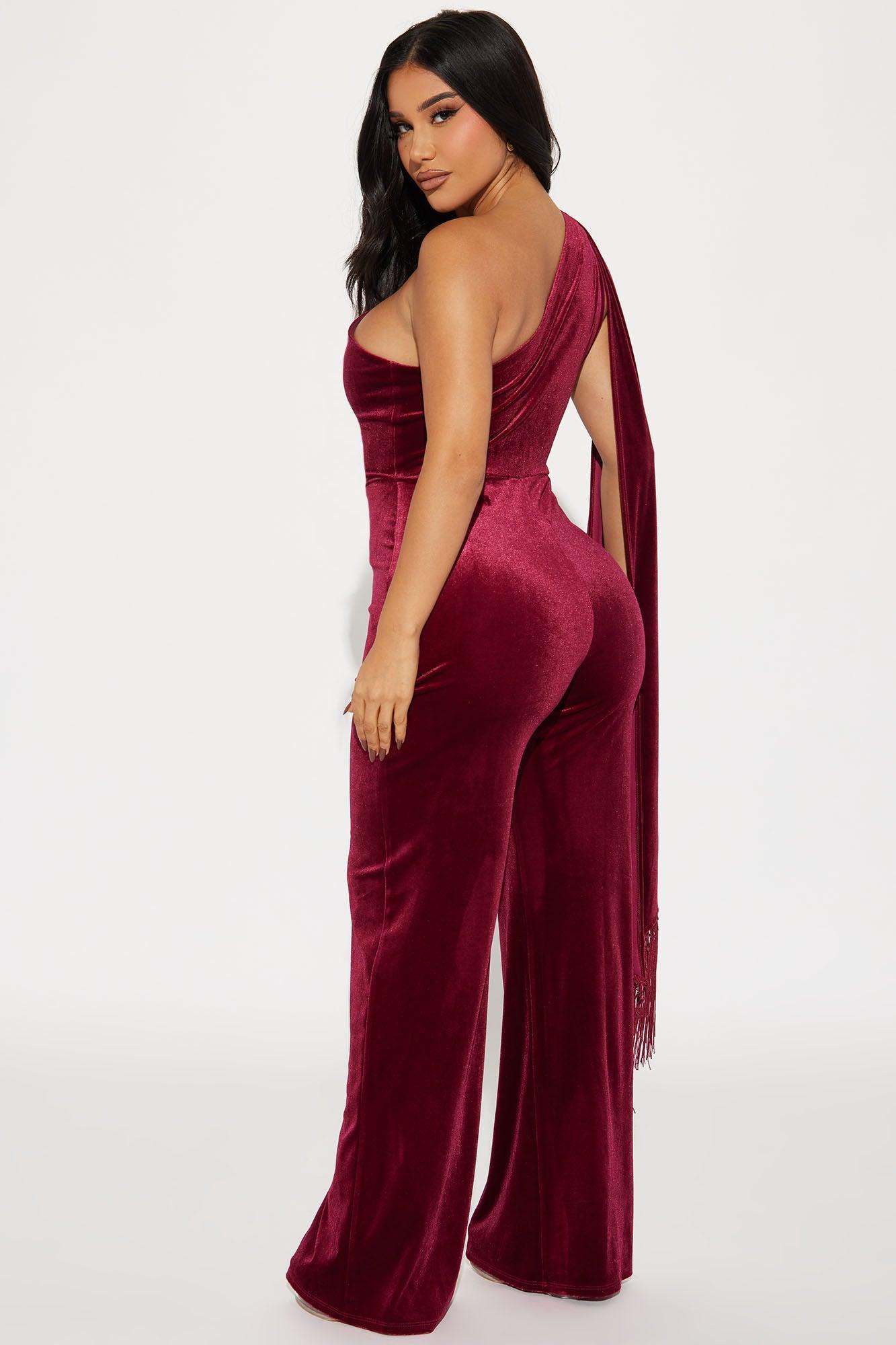 Fashion Fusion Velvet Jumpsuit - Burgundy Product Image