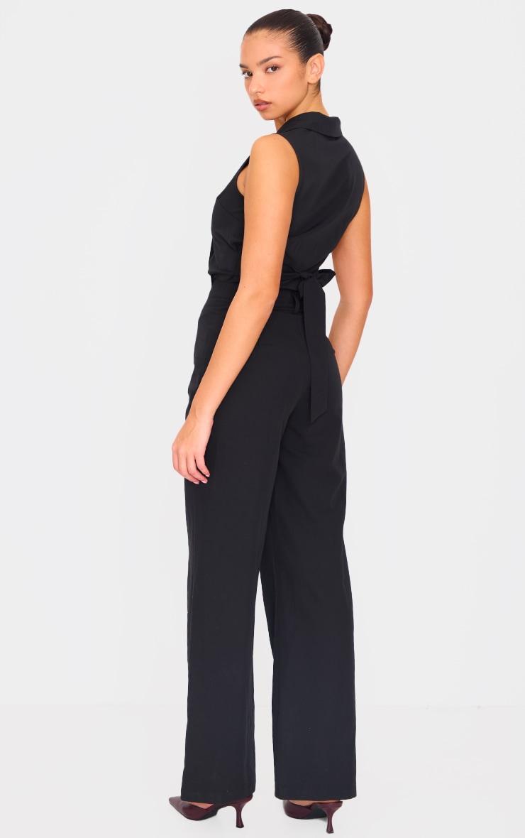 Black Structured Woven Tailored Sleeveless Vest Detail Jumpsuit Product Image