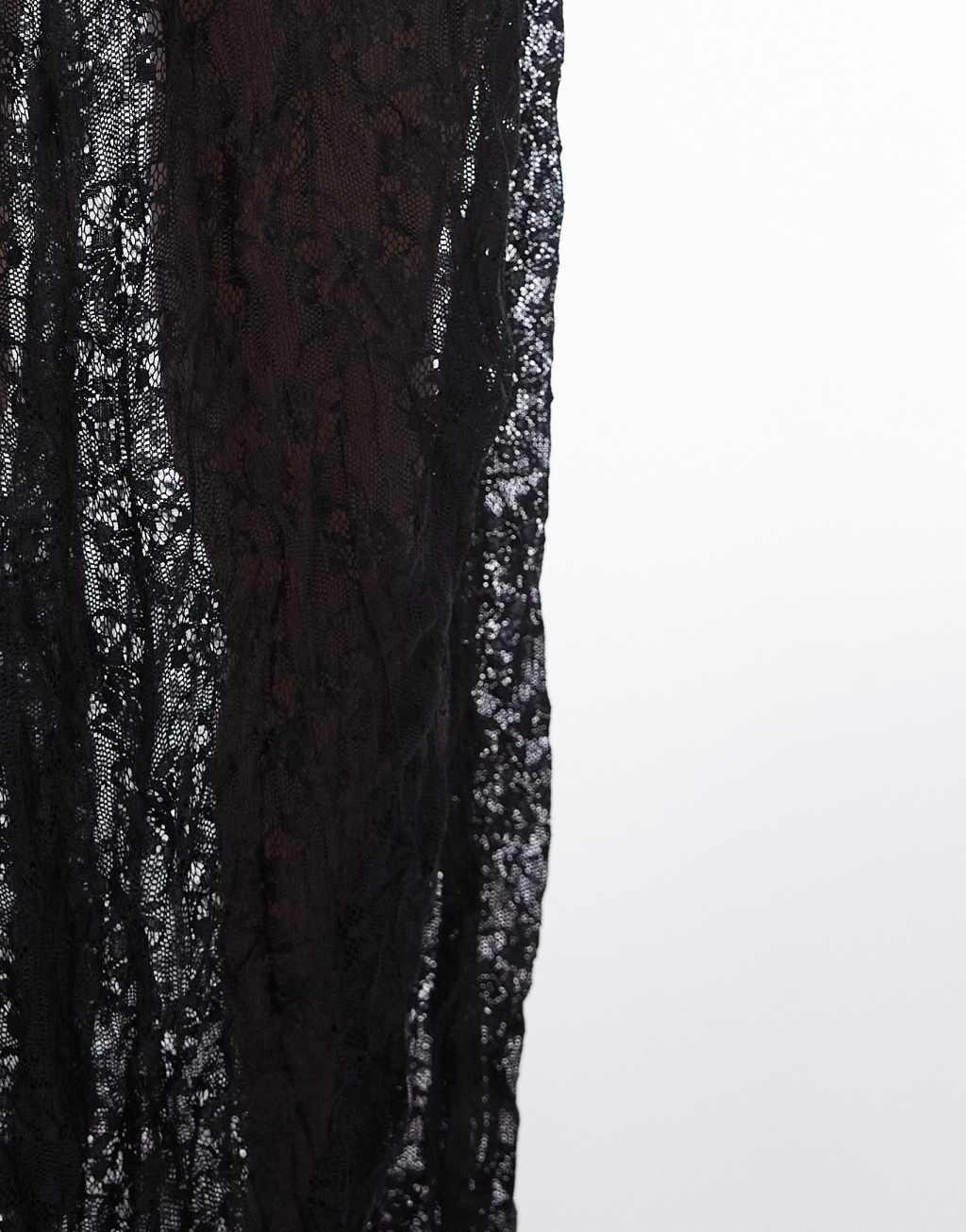 Topshop sheer lace crinkle column midi skirt with elasticated waist in black Product Image