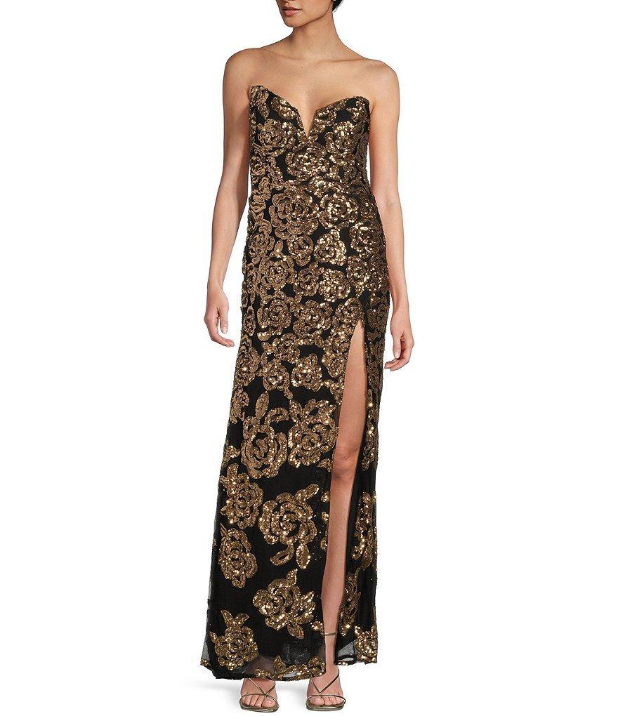 Blondie Nites Strapless Pattern Sequin Side Slit Long Dress Product Image