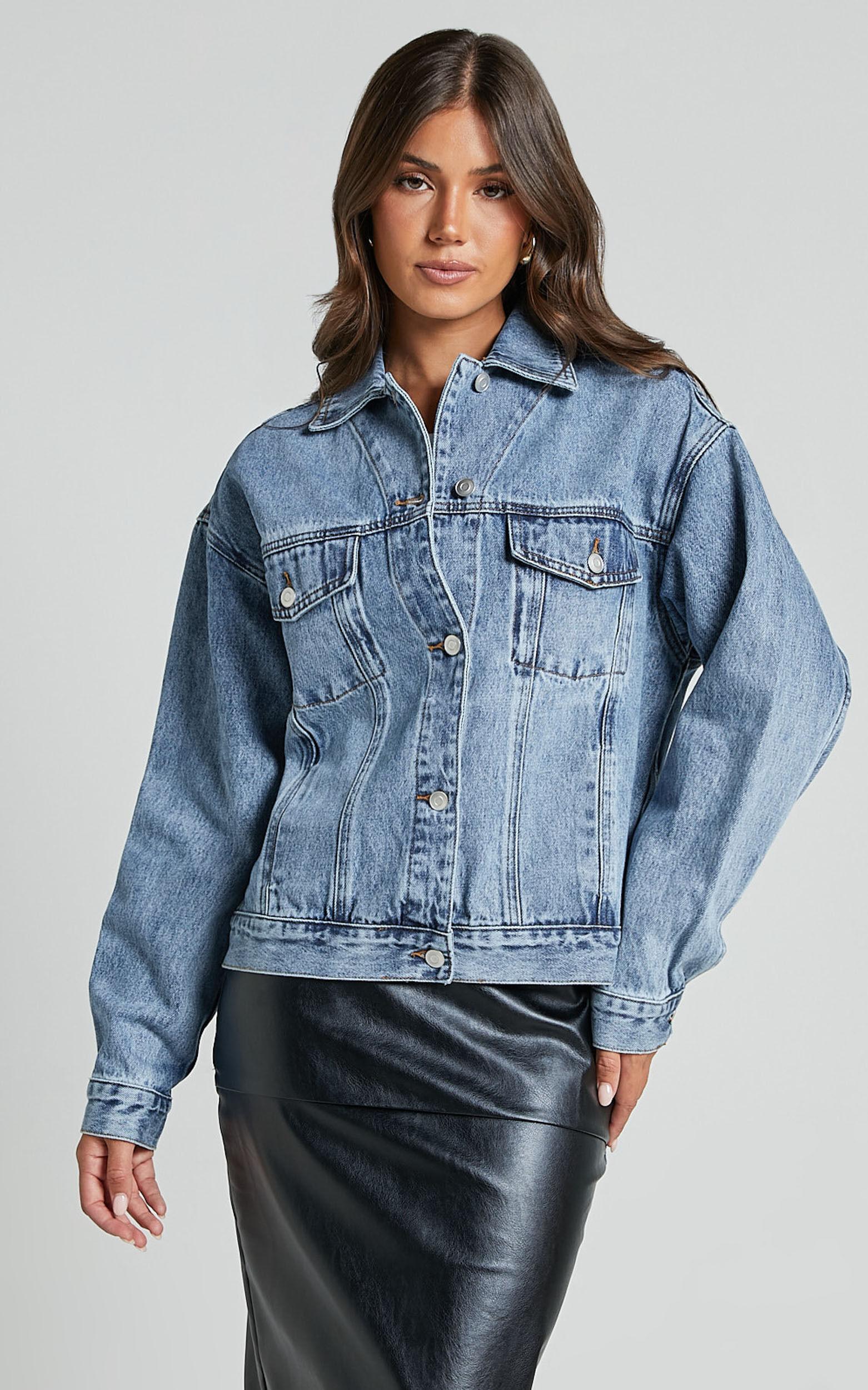 Lindsey Jacket - Long Sleeve Denim Jacket in Mid Blue Wash Product Image