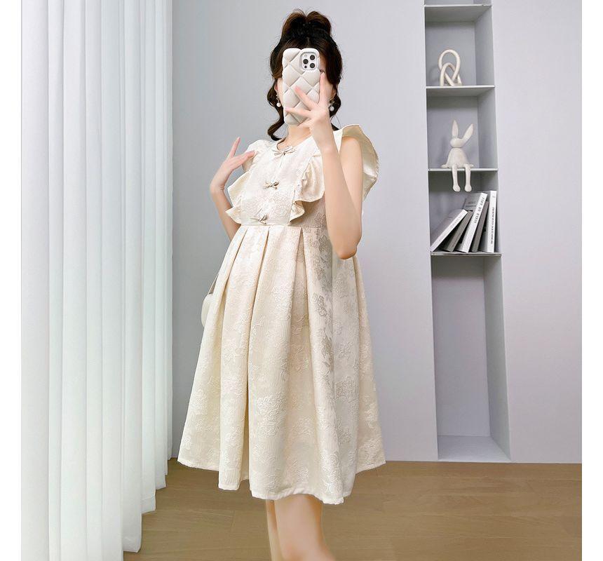 Maternity Cap-Sleeve Round Neck Jacquard Bow A-Line Dress Product Image