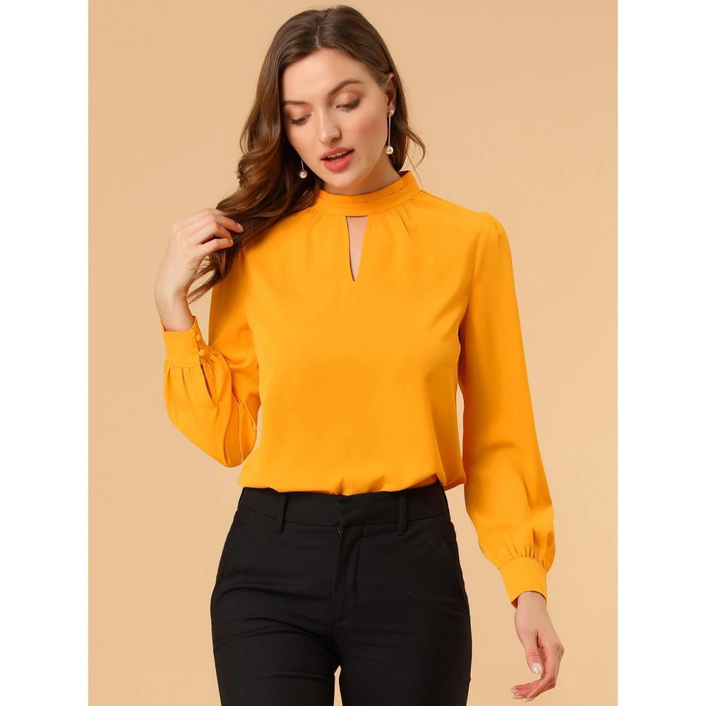 Allegra K Women's Office Keyhole Elegant Stand Collar Long Sleeve  Button Blouse Bright Yellow Medium Product Image