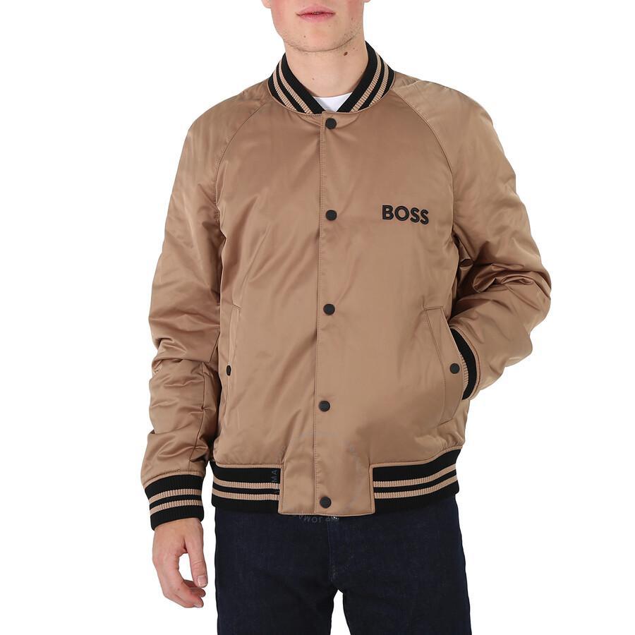 Men's Medium Beige Stripes And Branding Satin Bomber Jacket Product Image