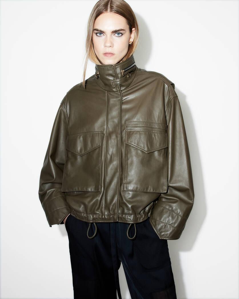 Clay Funnel Neck Cropped Leather Jacket Product Image