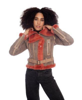 Womens Shearling Fashion Short Jacket Suede with Coral Wool - Beige Product Image