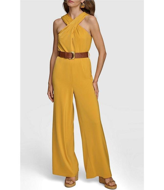 Donna Karan Sleeveless Halter Neck Belted Satin Jumpsuit Product Image