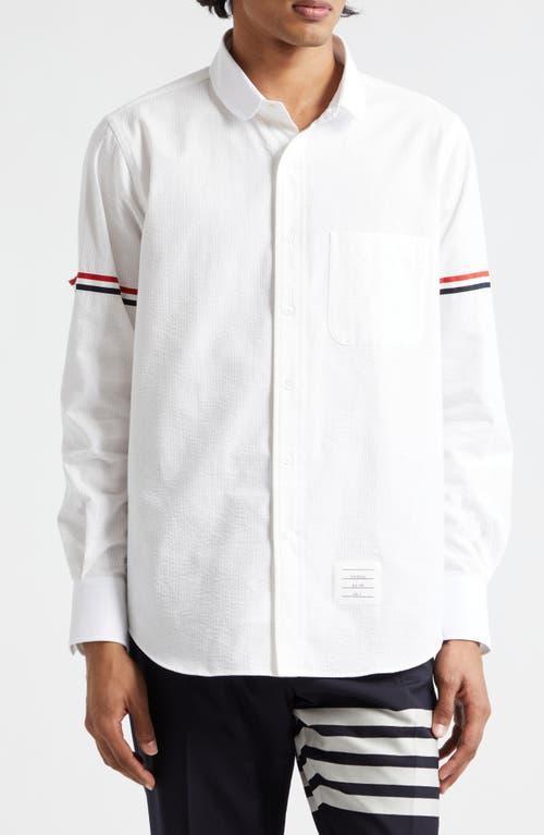 Thom Browne Straight Fit Stripe Trim Cotton Seersucker Button-Up Shirt Product Image