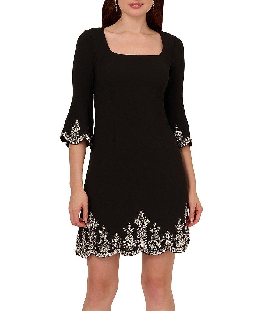 Adrianna Papell Crepe Square Neck Elbow Bell Sleeve Sequin Trim Scallop Hem Mini Dress Product Image