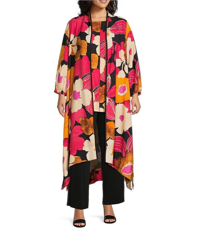 IC Collection Plus Size Woven Floral Print Long Sleeve Open Front Kimono Product Image