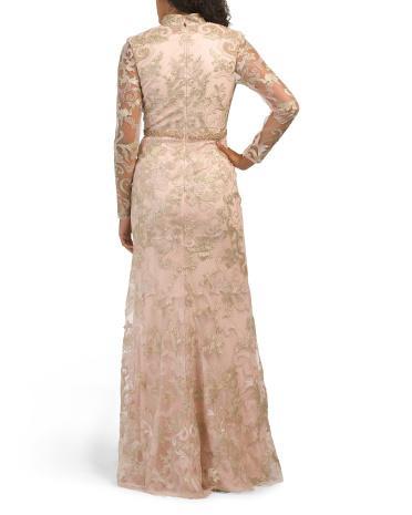 Lace Collared Gown With Illusion Sleeves for Women | Polyester Product Image