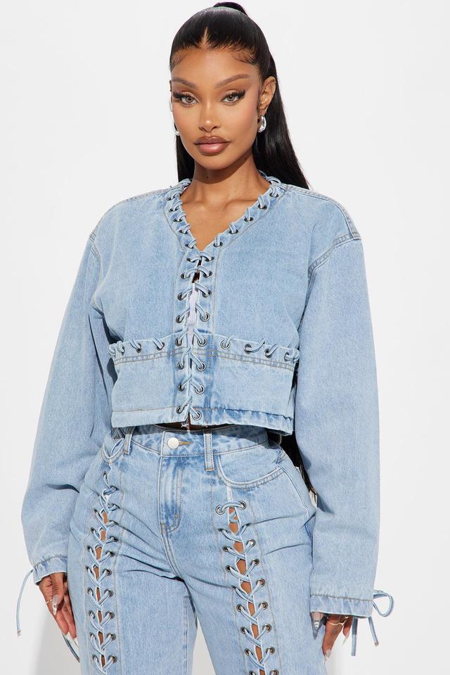 Amplified Cropped Lace Up Denim Jacket - Light Wash Product Image