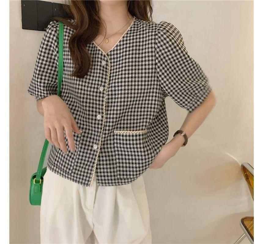 Short-Sleeve V-Neck Gingham Lace Trim Blouse Product Image