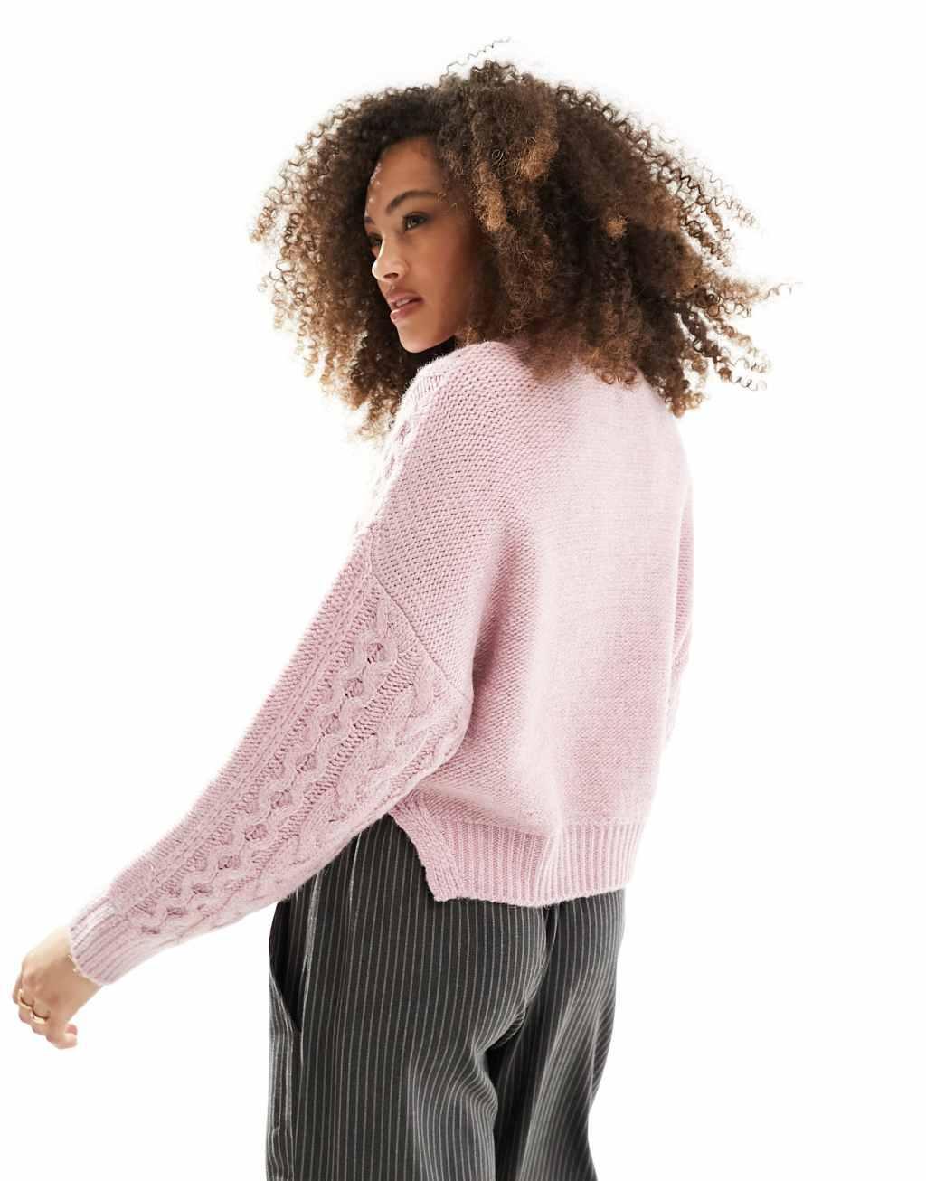 ASOS DESIGN crew neck cable sweater in pink Product Image