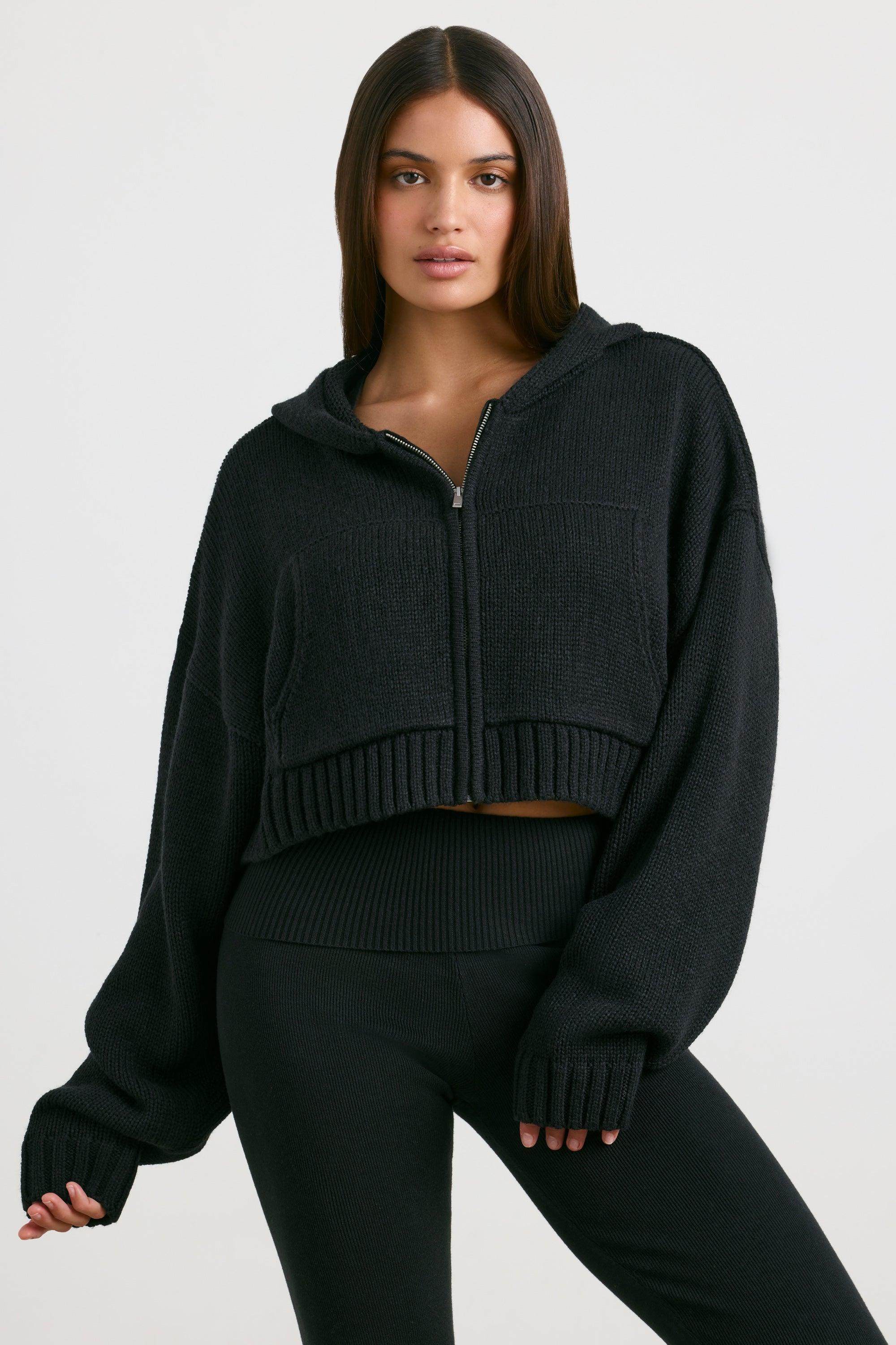 Cropped Zip Up Chunky Knit Hoodie in Black Product Image