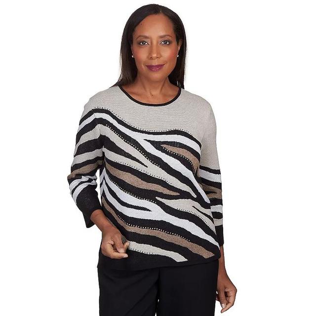 Petite Alfred Dunner Zebra Stripe Jacquard Crewneck Sweater, Womens Product Image