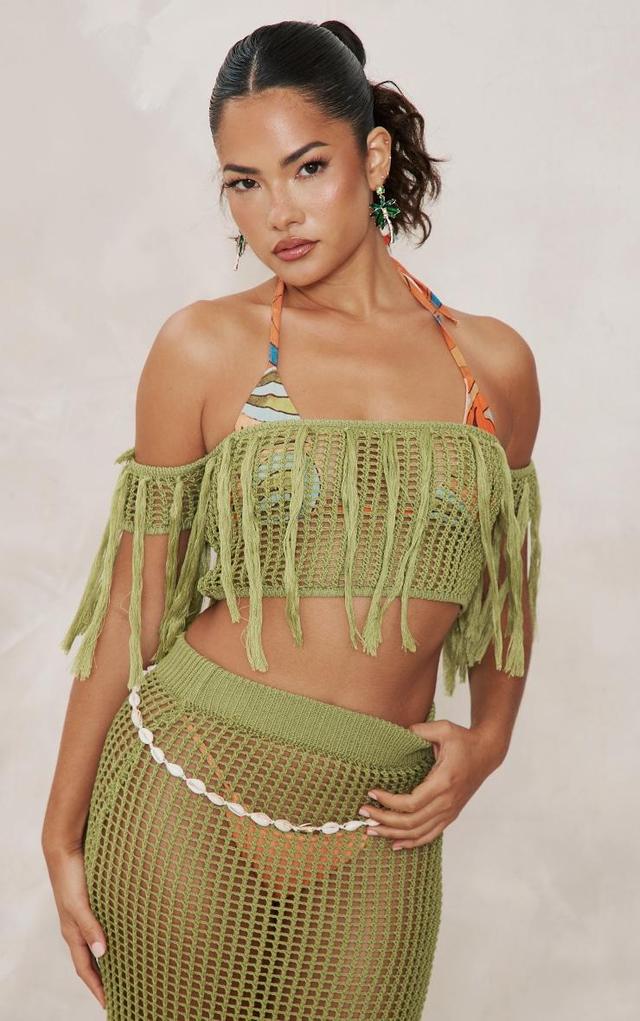 Olive Crochet Open Knit Bardot Tassel Top Product Image