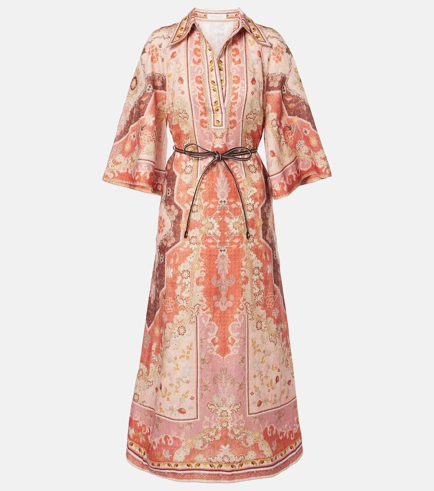 ZIMMERMANN Wylie Belted Printed Linen Midi Dress In Rot Product Image