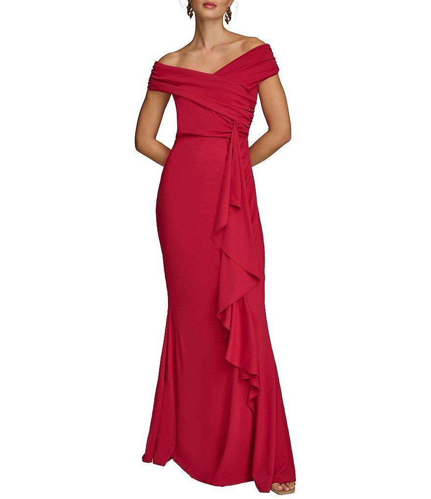 Donna Karan Wrap V-Neck Cap Sleeve Cascade Side Ruffle Gown Product Image