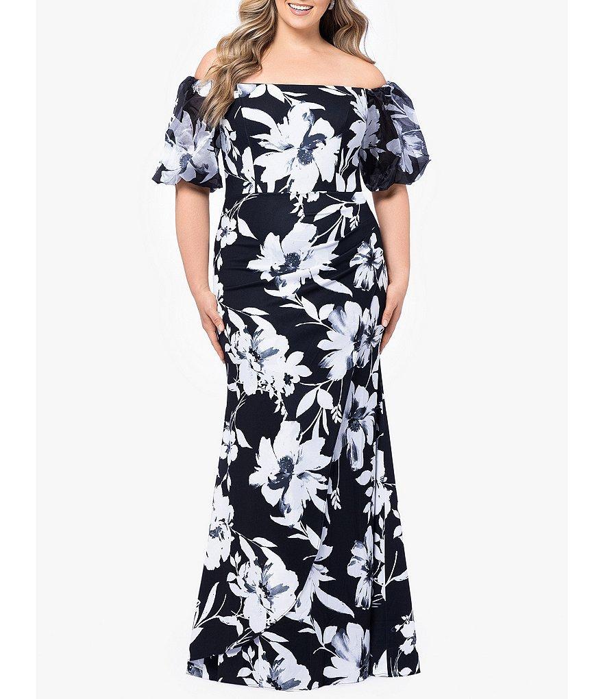 Xscape Plus Size Scuba Crepe Short Sleeve Off-The-Shoulder Floral Gown Product Image