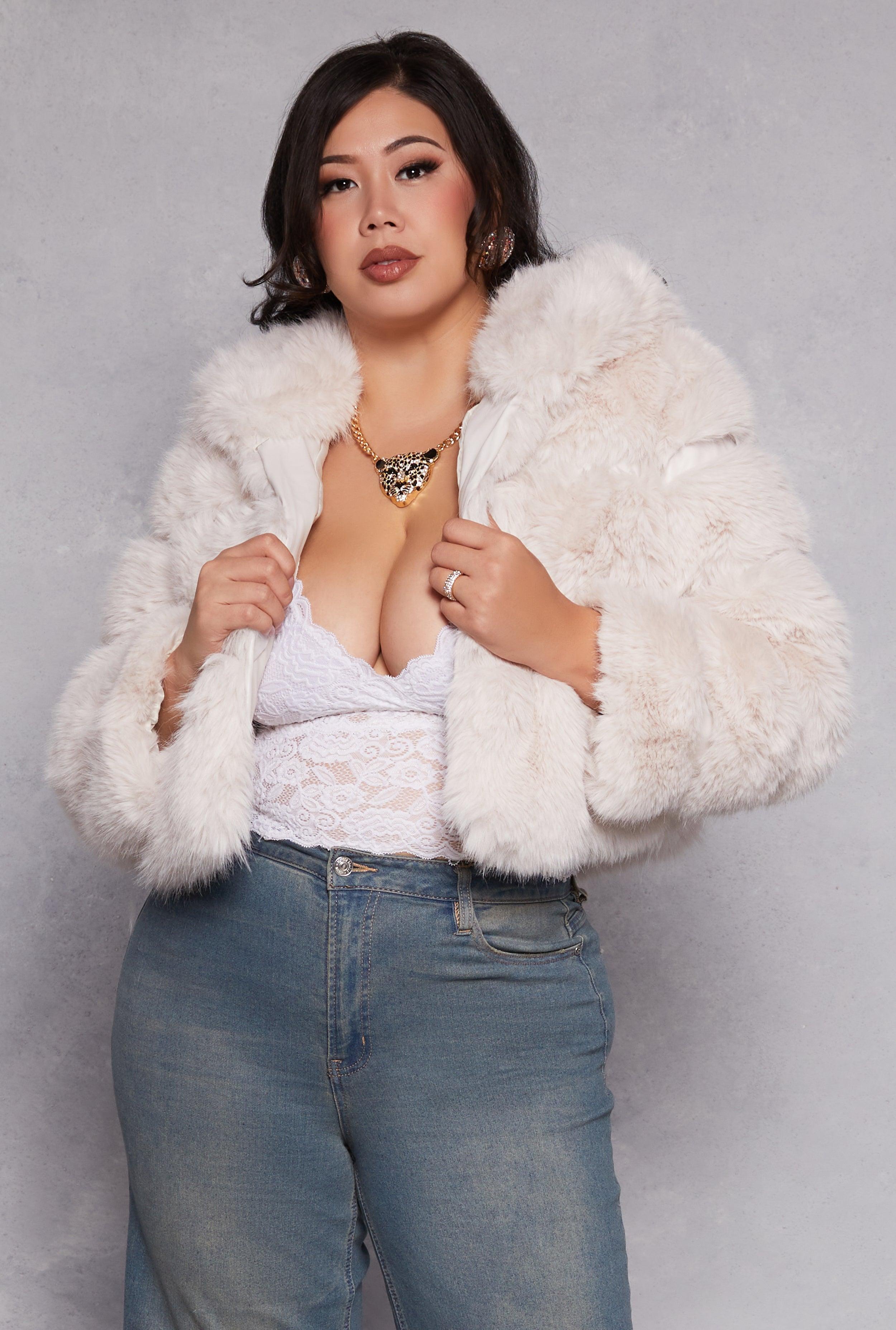 Womens Plus Size Faux Fur Hooded Cropped Jacket Product Image