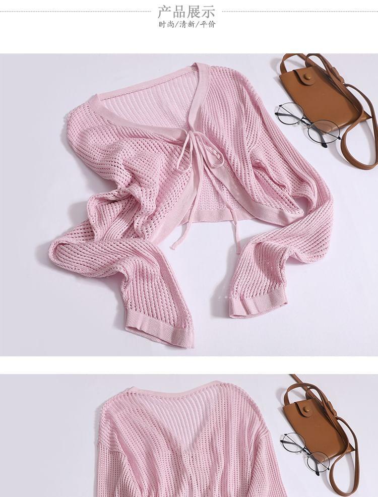 V-Neck Plain Pointelle Knit Crop Tie Front Cardigan Product Image