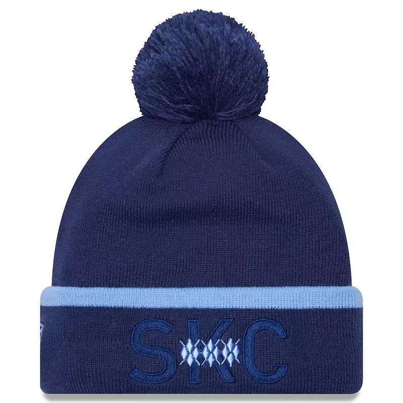 Mens New Era Sporting Kansas City Wordmark Kick Off Cuffed Knit Hat with Pom, Blue Product Image