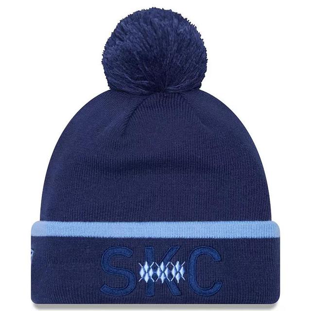 Mens New Era Sporting Kansas City Wordmark Kick Off Cuffed Knit Hat with Pom, Blue Product Image