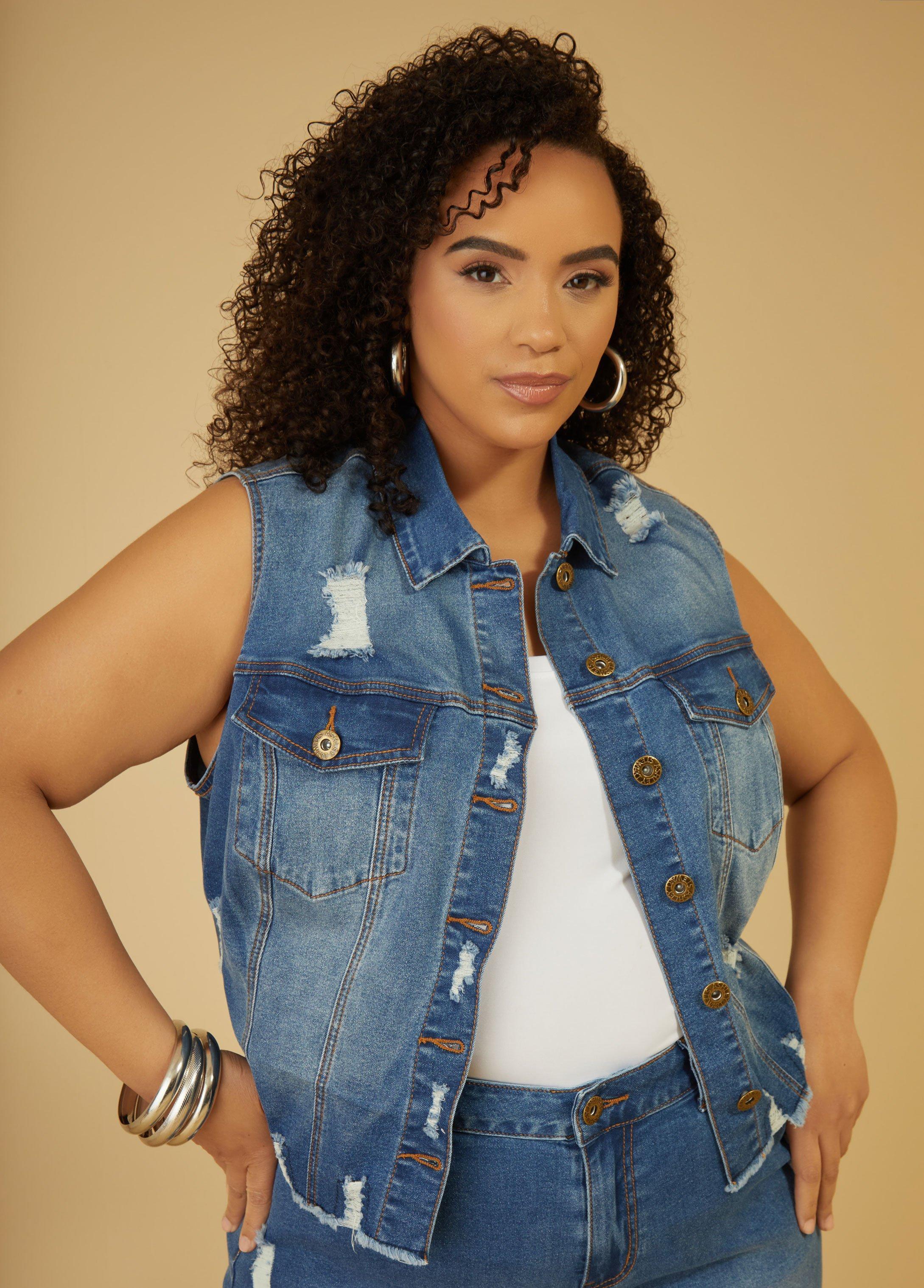 Plus Size Distressed Stretch Denim Vest Ashley Stewart Product Image