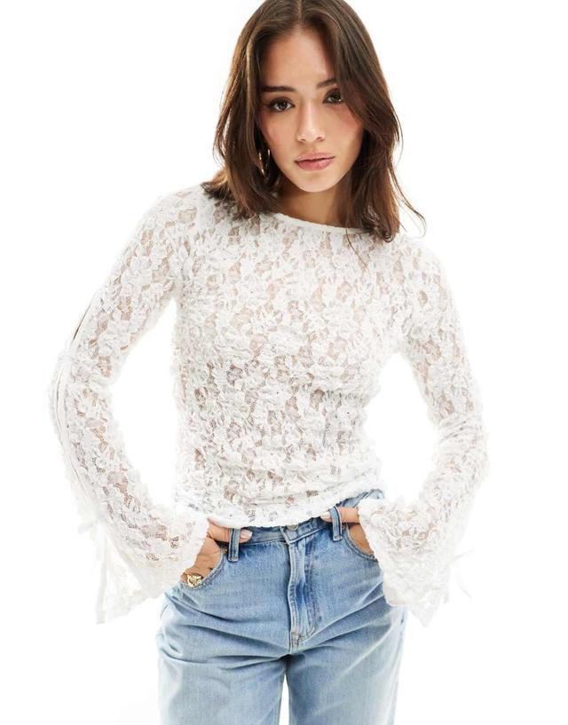 ASOS DESIGN slash neck lace top with bow detail in ivory Product Image