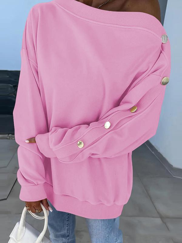 Long Sleeves Loose Buttoned Solid Color Split-Joint One-Shoulder Sweatshirt Tops Product Image