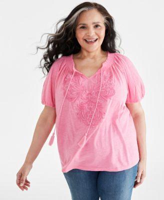 Plus Size Embroidered Split-Neck Puff-Sleeve Top, Created for Macy's product image