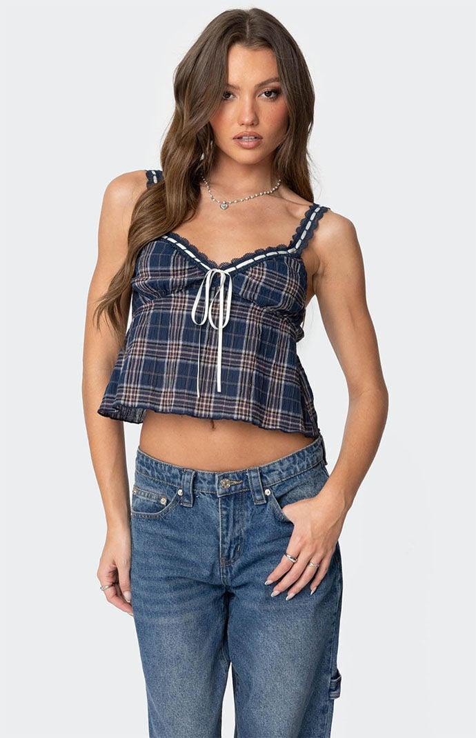 Edikted Womens Plaid Lace Trim Tank Top Product Image