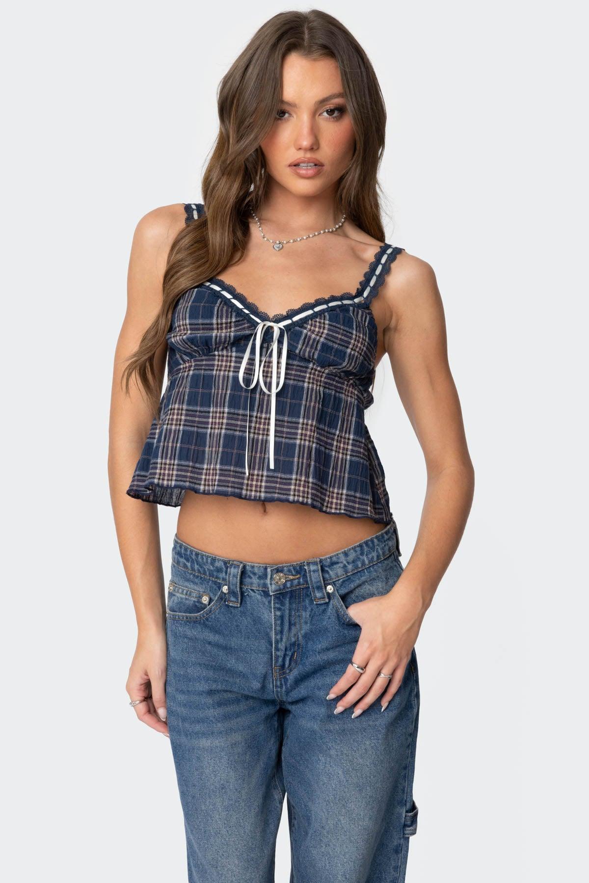 Plaid Lace Trim Tank Top Product Image