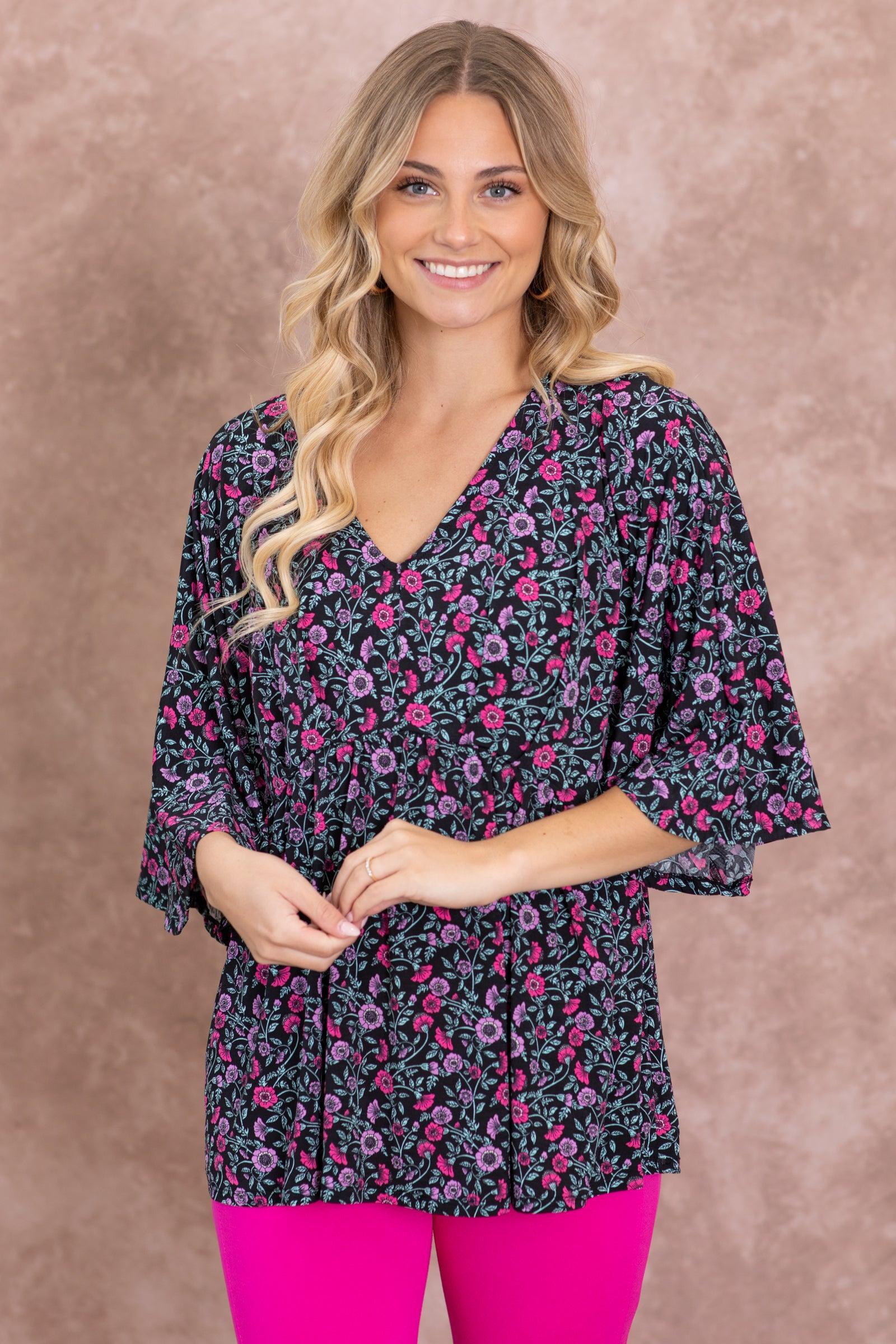 Black Floral V-Neck Wrinkle Free Knit Top Product Image